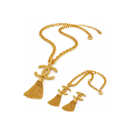 Chanel Jewelry | Textured CC Tassel Necklace & Earrings Set