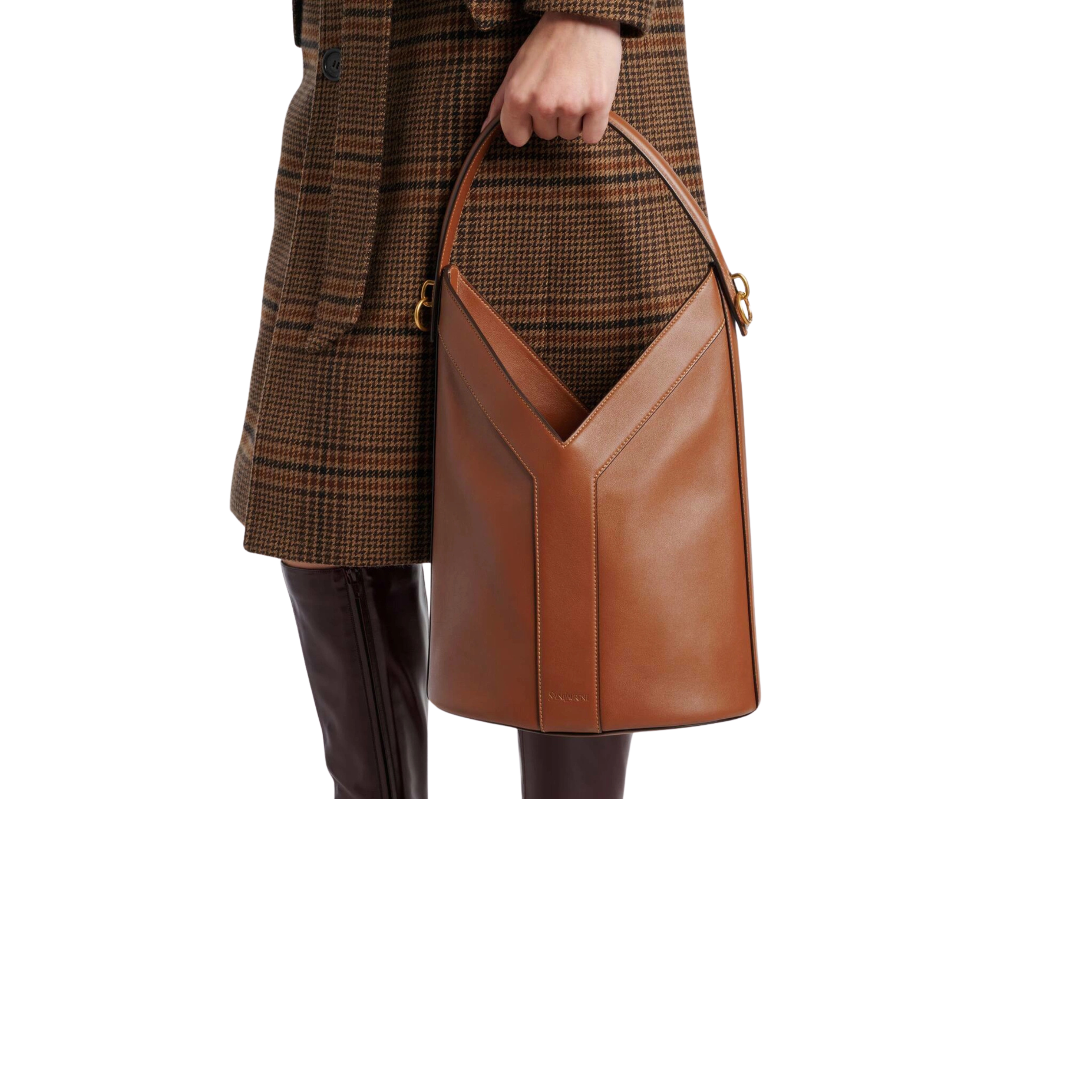YSL Bag | Y leather Bucket Bag Brown