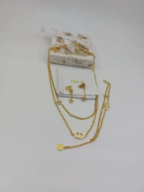 Dior Jewelry | Star Multi Layer Necklace Earrings Set Gold Finish Metal