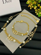 Dior Jewelry | CD Pearl Layered Necklace Bracelet Set Gold