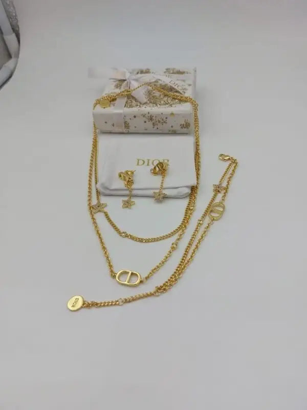 Dior Jewelry | Star Multi Layer Necklace Earrings Set Gold Finish Metal