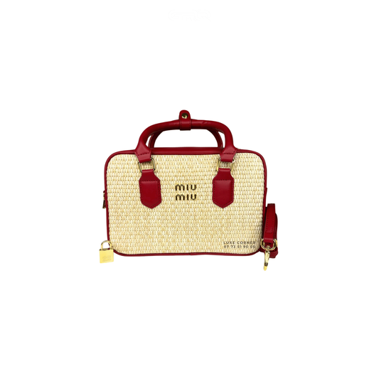 Miu Miu Bag | Straw Zip-Up Handbag Red Leather Trim Handles