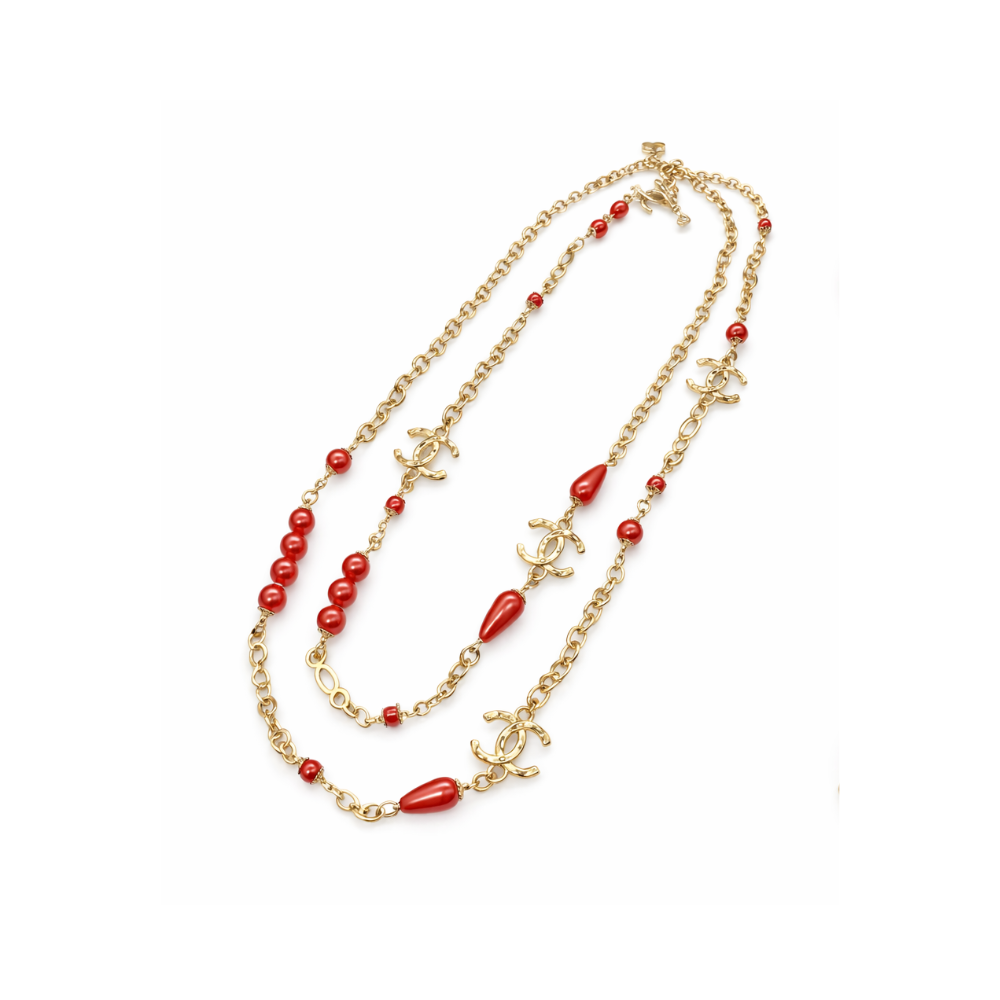 Chanel Jewelry | Logo Red Resin Pearl Crystal Station Necklace