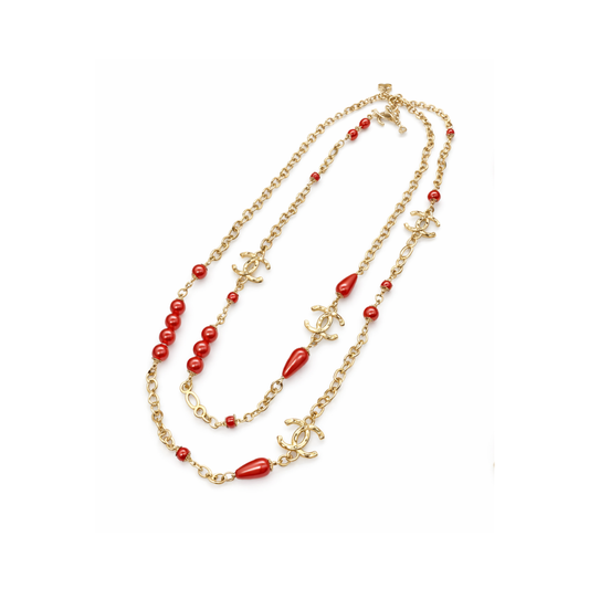 Chanel Jewelry | Logo Red Resin Pearl Crystal Station Necklace