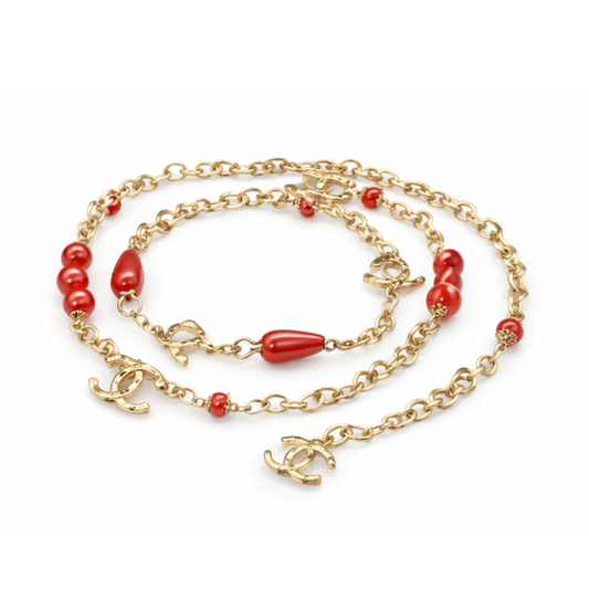 Chanel Jewelry | Logo Red Resin Pearl Crystal Station Necklace