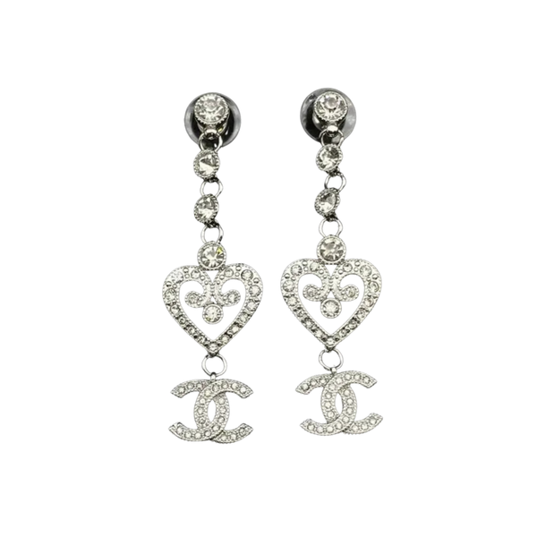 Chanel Heart Cc Logo Drop Earrings Silver Tone Jewelry