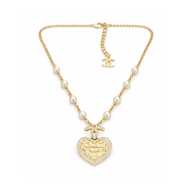 Chanel Quilted Heart Cc Logo Pearl Station Necklace Jewelry
