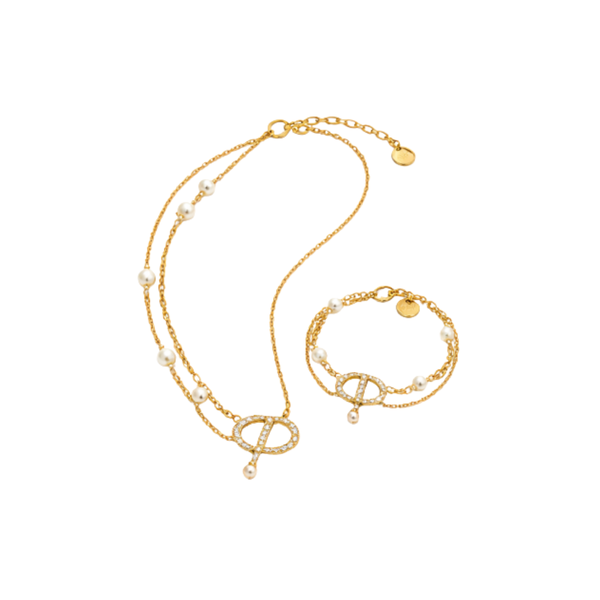 Dior Cd Pearl Layered Necklace Bracelet Set Gold Jewelry
