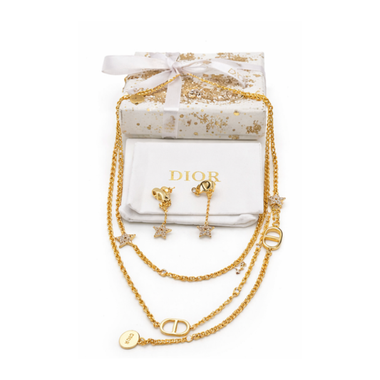 Dior Jewelry | Star Multi Layer Necklace Earrings Set Gold Finish Metal