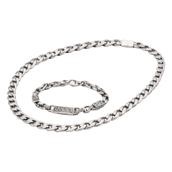 Gucci Chunky Chain Necklace Bracelet Set Silver Jewelry