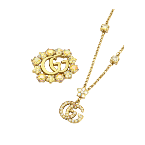 Gucci Gg Crystal Earring Brooch Set Gold Jewelry