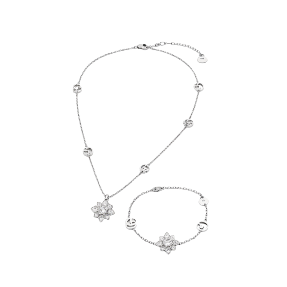 Gucci Gg Flower Crystal Necklace Bracelet Set Silver Jewelry premium replica - image 1