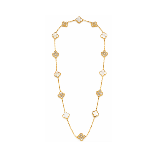 Van Cleef & Arpels Jewelry | White Mother of Pearl Diamond Clover Necklace Bracelet Set