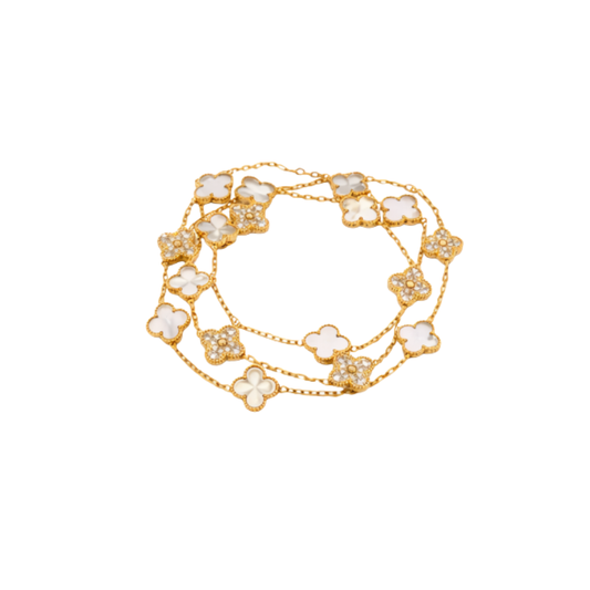 Van Cleef & Arpels Jewelry | White Mother of Pearl Diamond Clover Necklace Bracelet Set