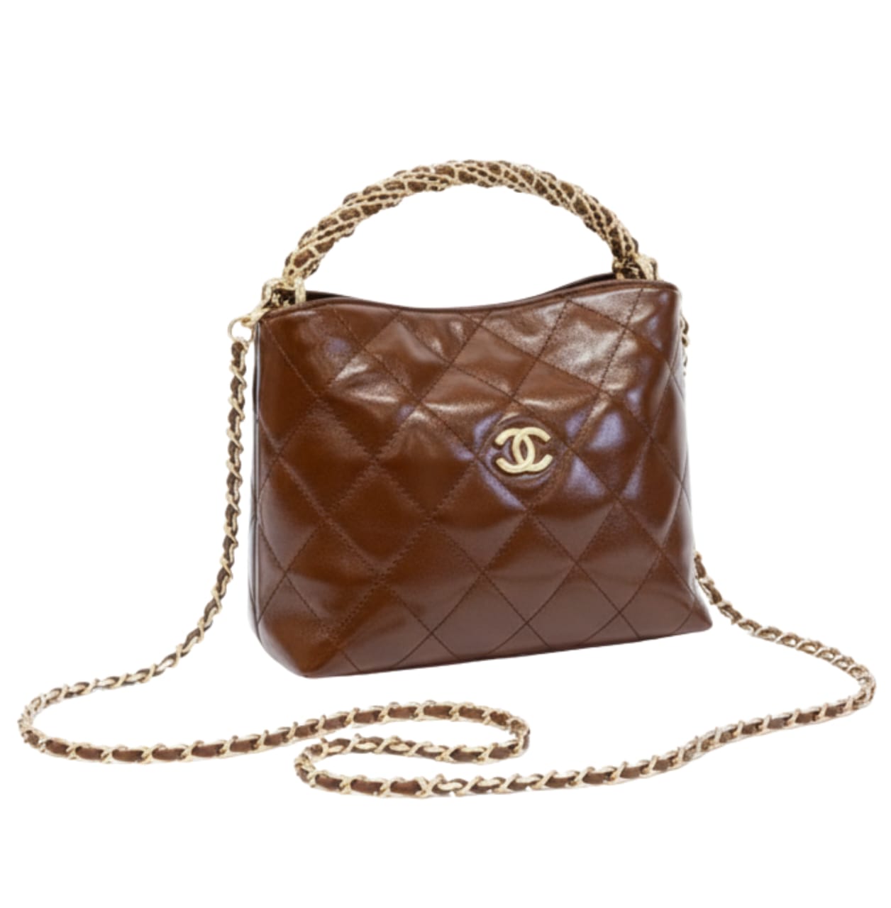 Chanel Bag | Quilted Braided Handle Chain Hobo Brown Leather