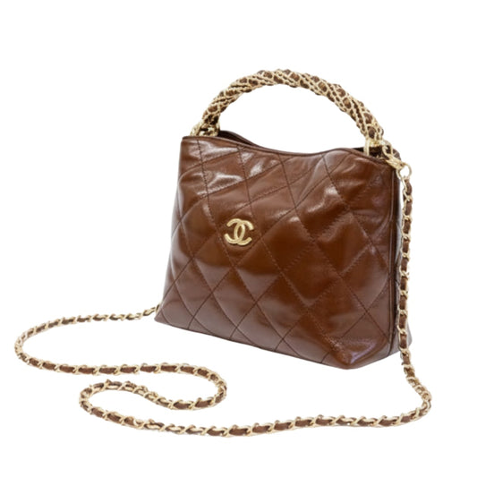 Chanel Bag | Quilted Braided Handle Chain Hobo Brown Leather