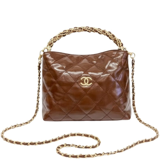 Chanel Bag | Quilted Braided Handle Chain Hobo Brown Leather