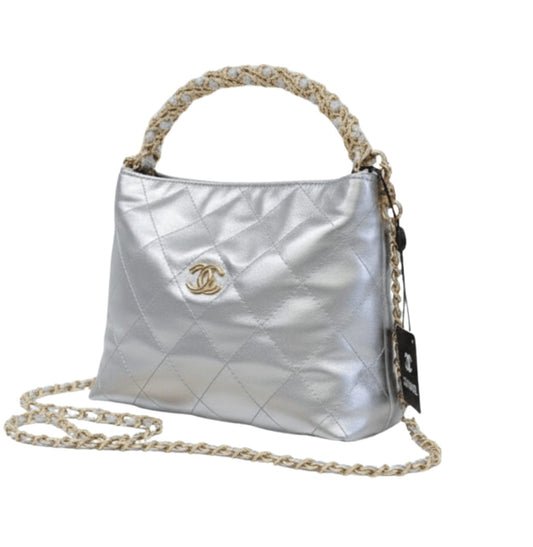 Chanel Bag | Metallic Lambskin Chain Rows Quilted Chain Hobo Silver