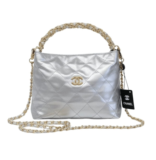 Chanel Bag | Metallic Lambskin Chain Rows Quilted Chain Hobo Silver