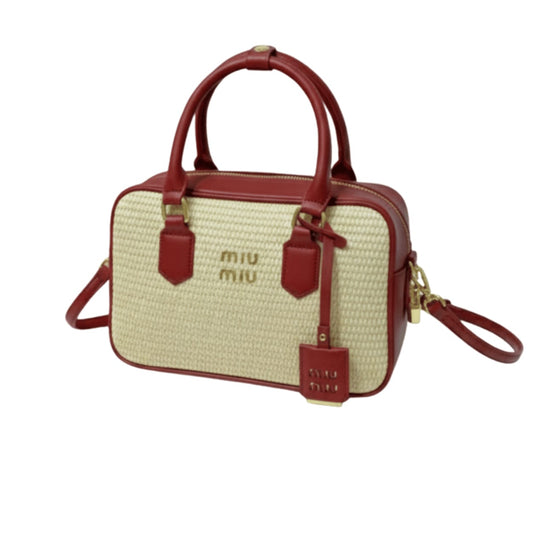 Miu Miu Bag | Straw Zip-Up Handbag Red Leather Trim Handles