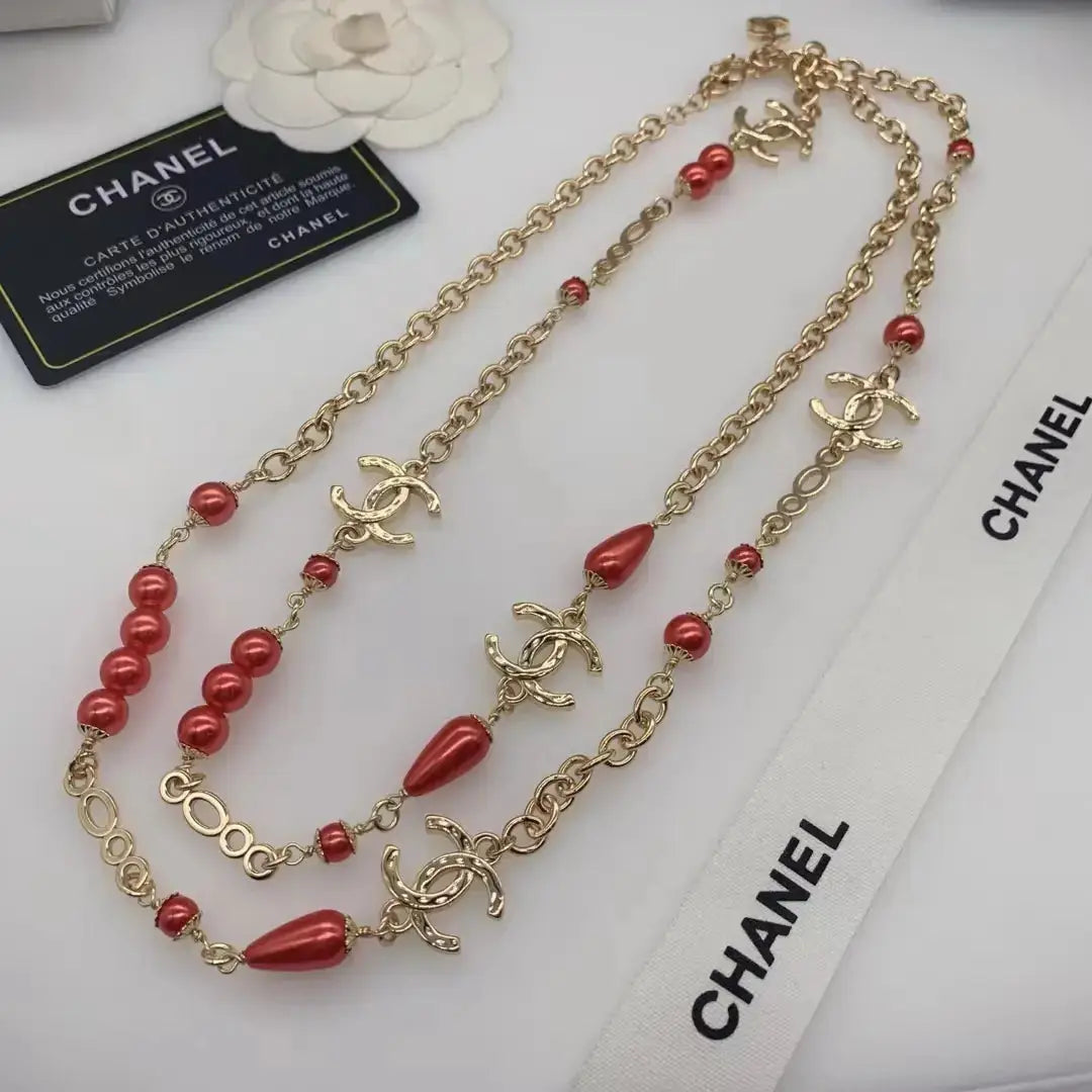 Chanel Jewelry | Logo Red Resin Pearl Crystal Station Necklace