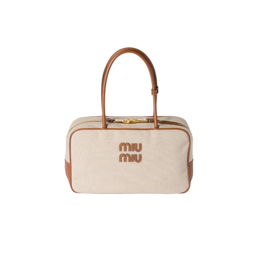 MiuMiu Beau canvas and leather bag Beige/brandy - Bagistaofficial