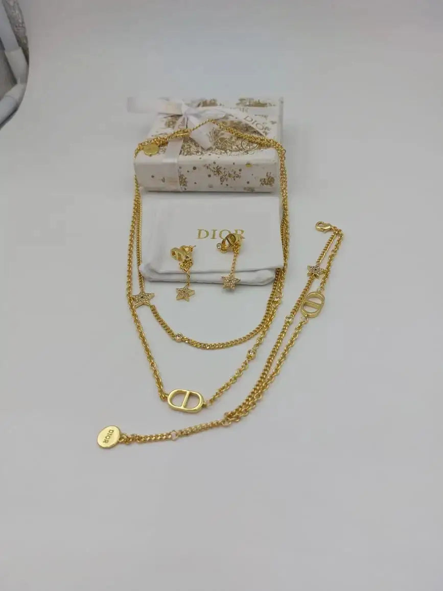 Dior Jewelry | Star Multi Layer Necklace Earrings Set Gold Finish Metal