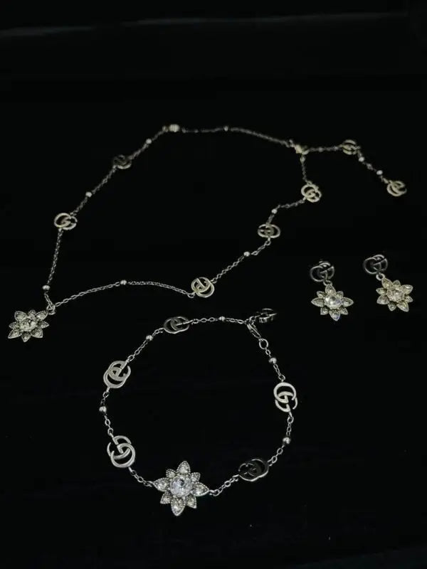 Gucci Jewelry | GG Flower Crystal Necklace Bracelet Set Silver