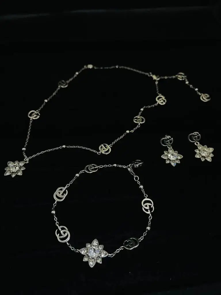 Gucci Jewelry | GG Flower Crystal Necklace Bracelet Set Silver