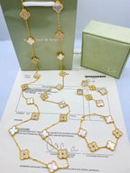 Van Cleef & Arpels Jewelry | White Mother of Pearl Diamond Clover Necklace Bracelet Set