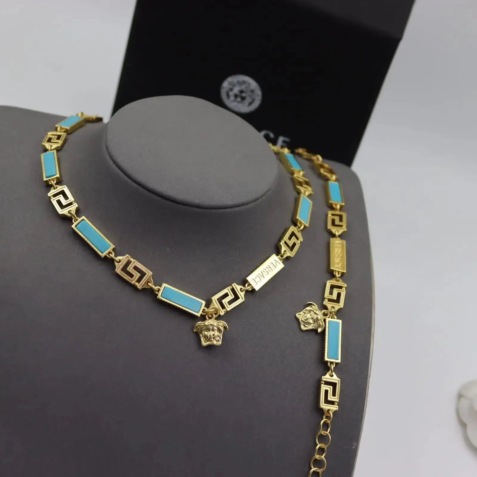 Versace Jewelry | Turquoise Greca Enamel Medusa Necklace